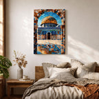 Mosaic style artwork depicting the Dome of the Rock in Jerusalem framed by a richly patterned stone arch, showing the iconic golden dome rising above detailed blue tile architecture and a reflective courtyard with geometric patterns, emphasizing Islamic sacred architecture through intricate mosaic textures and symmetrical composition.