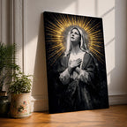 Painting of Our Lady of Sorrows depicted as the Virgin Mary gazing upward with hands crossed over her chest in a prayer pose, rendered in a vintage religious style with a radiant halo of golden rays behind her head, dark dramatic background, and solemn devotional composition emphasizing contemplation and Marian suffering.