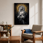 Painting of Our Lady of Sorrows depicted as the Virgin Mary gazing upward with hands crossed over her chest in a prayer pose, rendered in a vintage religious style with a radiant halo of golden rays behind her head, dark dramatic background, and solemn devotional composition emphasizing contemplation and Marian suffering.