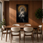 Painting of Our Lady of Sorrows depicted as the Virgin Mary gazing upward with hands crossed over her chest in a prayer pose, rendered in a vintage religious style with a radiant halo of golden rays behind her head, dark dramatic background, and solemn devotional composition emphasizing contemplation and Marian suffering.