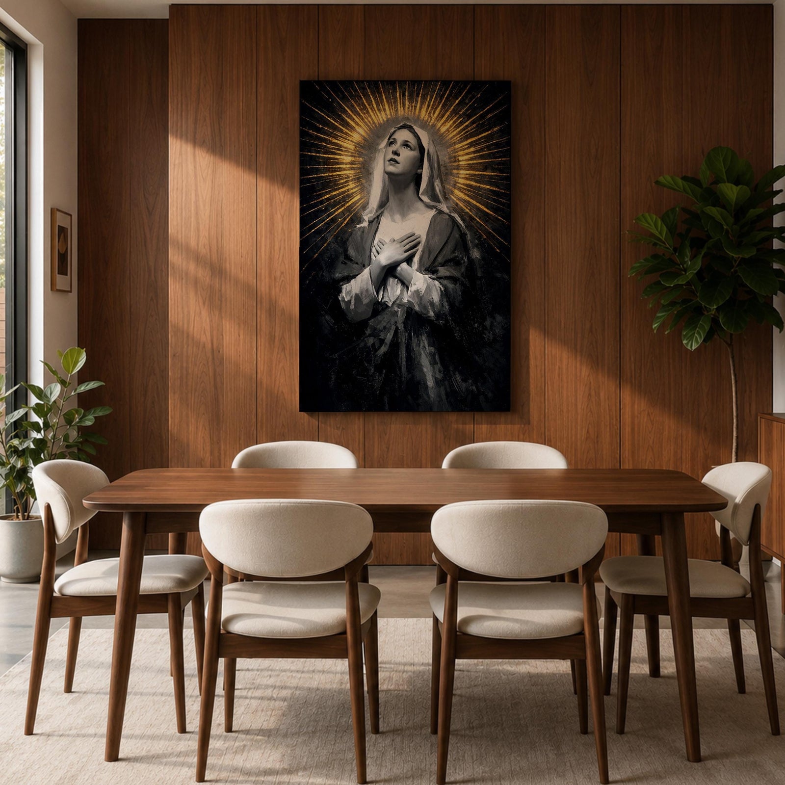 Painting of Our Lady of Sorrows depicted as the Virgin Mary gazing upward with hands crossed over her chest in a prayer pose, rendered in a vintage religious style with a radiant halo of golden rays behind her head, dark dramatic background, and solemn devotional composition emphasizing contemplation and Marian suffering.