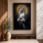 Painting of Our Lady of Sorrows depicted as the Virgin Mary gazing upward with hands crossed over her chest in a prayer pose, rendered in a vintage religious style with a radiant halo of golden rays behind her head, dark dramatic background, and solemn devotional composition emphasizing contemplation and Marian suffering.