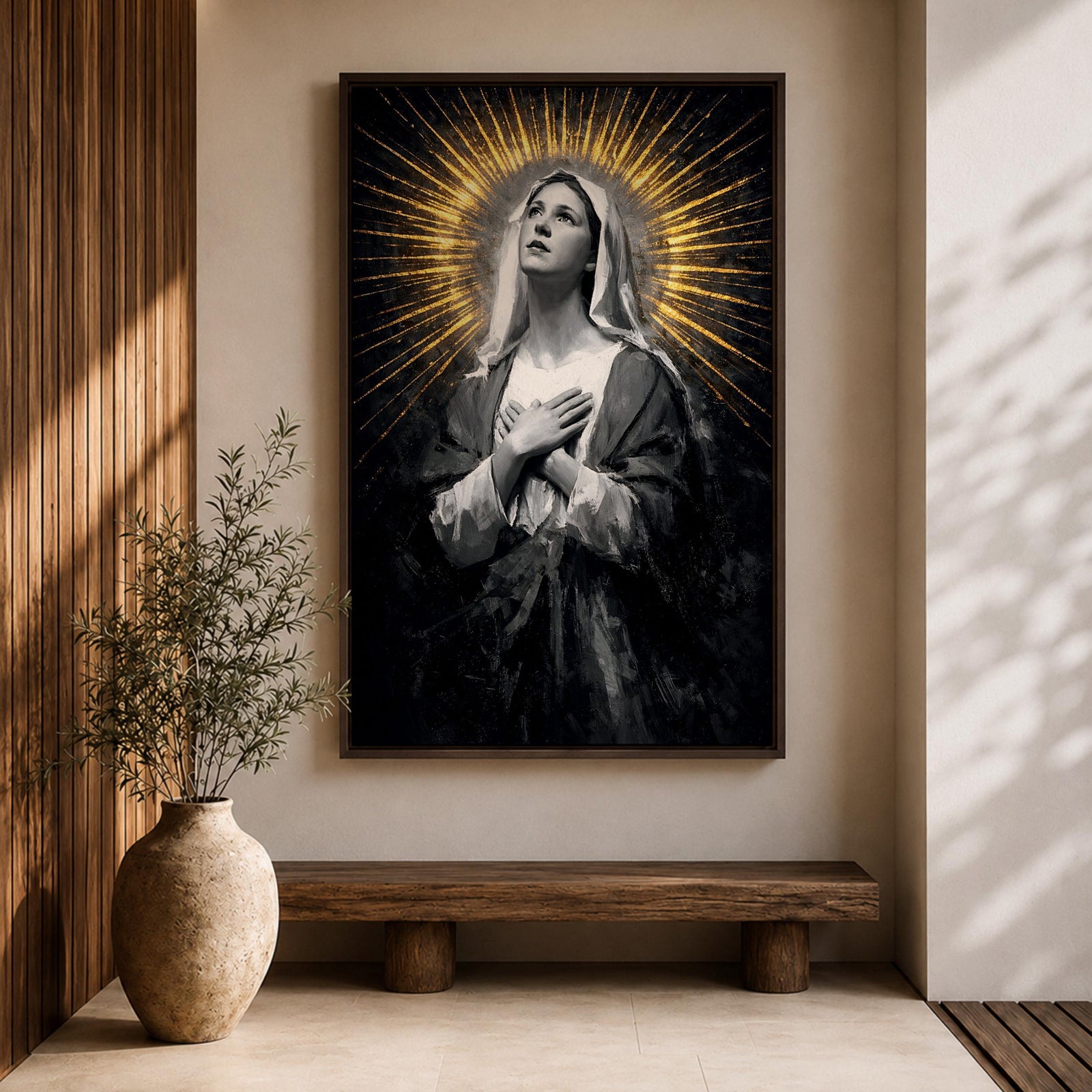 Painting of Our Lady of Sorrows depicted as the Virgin Mary gazing upward with hands crossed over her chest in a prayer pose, rendered in a vintage religious style with a radiant halo of golden rays behind her head, dark dramatic background, and solemn devotional composition emphasizing contemplation and Marian suffering.