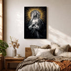 Painting of Our Lady of Sorrows depicted as the Virgin Mary gazing upward with hands crossed over her chest in a prayer pose, rendered in a vintage religious style with a radiant halo of golden rays behind her head, dark dramatic background, and solemn devotional composition emphasizing contemplation and Marian suffering.