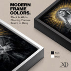 Painting of Our Lady of Sorrows depicted as the Virgin Mary gazing upward with hands crossed over her chest in a prayer pose, rendered in a vintage religious style with a radiant halo of golden rays behind her head, dark dramatic background, and solemn devotional composition emphasizing contemplation and Marian suffering.