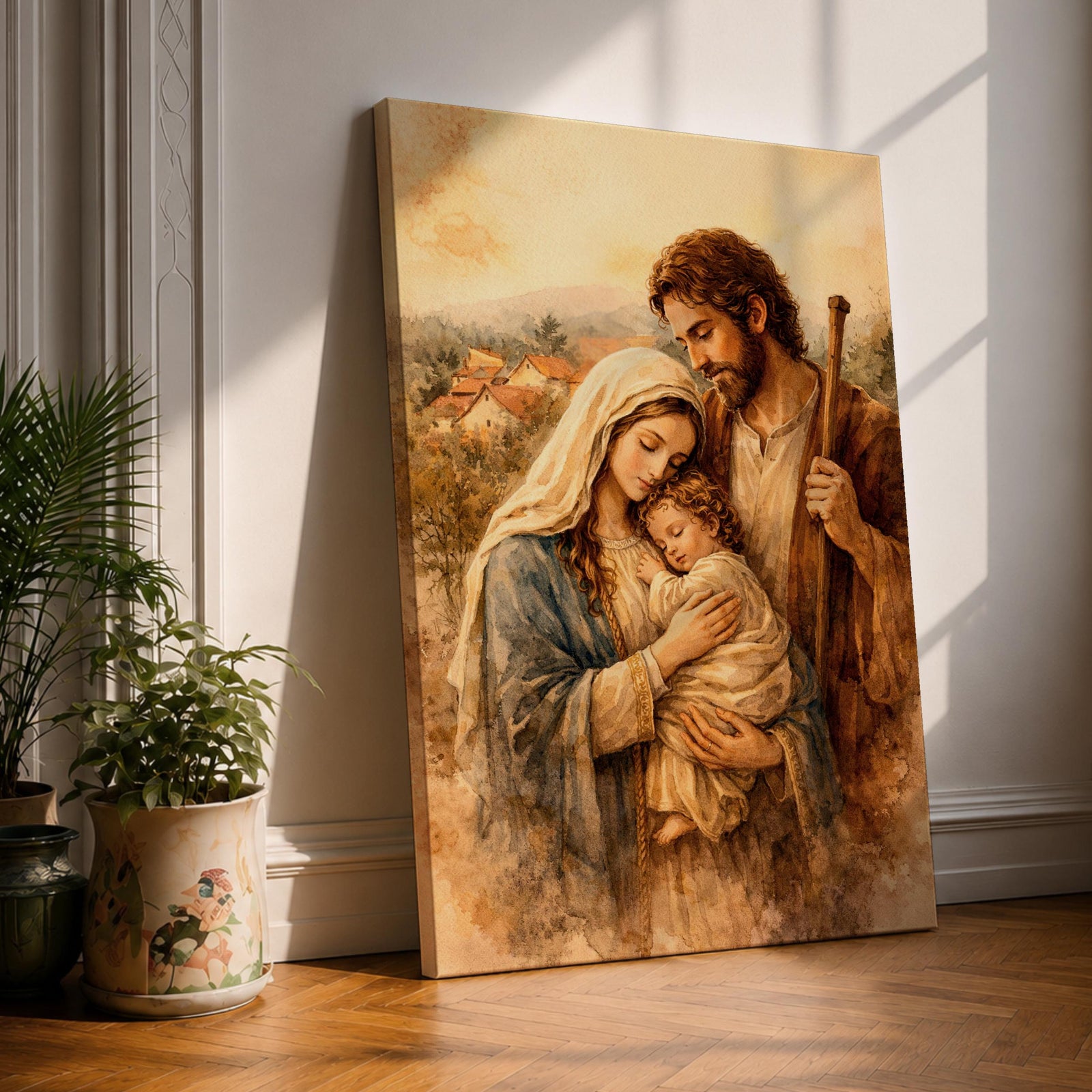 Painting of the Holy Family showing the Virgin Mary gently holding the sleeping child Jesus while Saint Joseph stands beside them holding a staff, rendered in a soft vintage devotional style with warm countryside background, intimate family composition, and tender expressions emphasizing parental protection and peaceful rest.