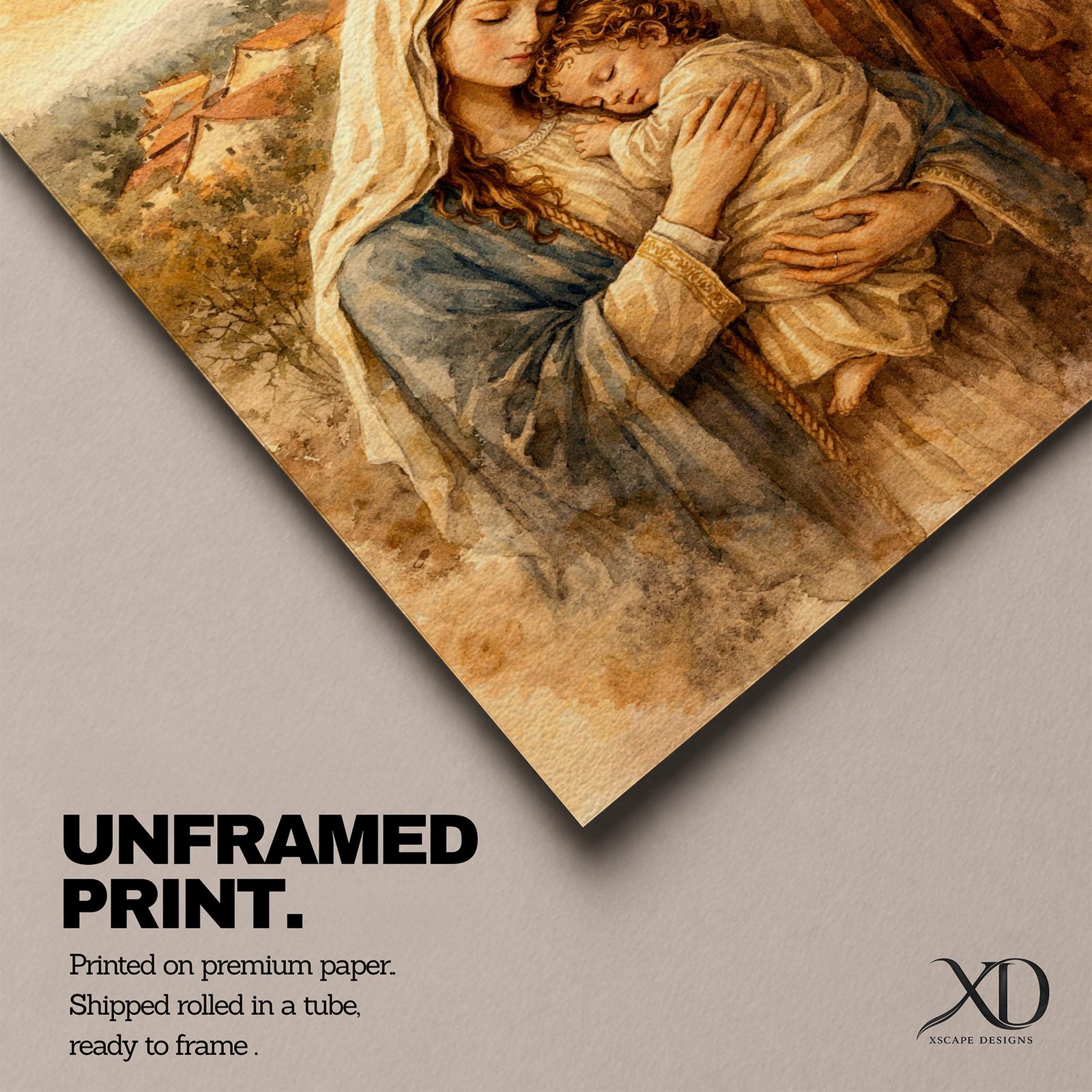 Painting of the Holy Family showing the Virgin Mary gently holding the sleeping child Jesus while Saint Joseph stands beside them holding a staff, rendered in a soft vintage devotional style with warm countryside background, intimate family composition, and tender expressions emphasizing parental protection and peaceful rest.