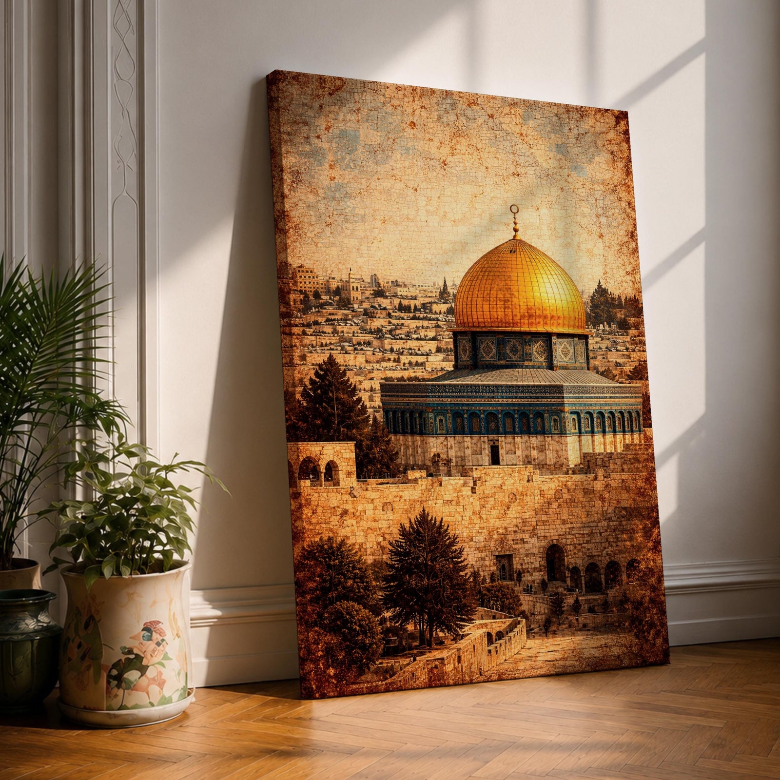 Vintage textured depiction of the Dome of the Rock in Jerusalem featuring the iconic golden dome rising above ancient stone walls and historic buildings of the Old City, rendered with aged crackled textures and warm tones that evoke historic Islamic architecture and the sacred landscape surrounding the shrine.