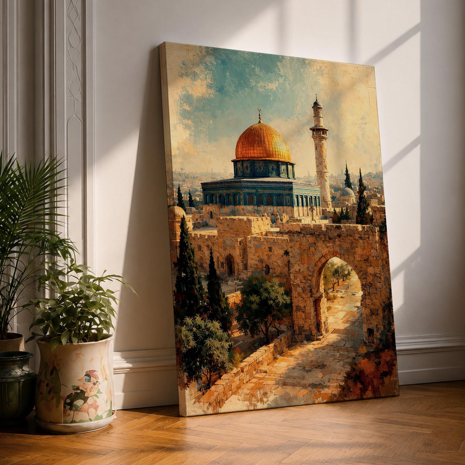 Painterly depiction of the Dome of the Rock in Jerusalem showing the golden dome rising above the historic stone platform, with an arched gate in the foreground, cypress trees, and a slender minaret in the distance, rendered with textured brushstrokes and warm historic tones that evoke the sacred atmosphere of the Old City.