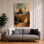 Painterly depiction of the Dome of the Rock in Jerusalem showing the golden dome rising above the historic stone platform, with an arched gate in the foreground, cypress trees, and a slender minaret in the distance, rendered with textured brushstrokes and warm historic tones that evoke the sacred atmosphere of the Old City.