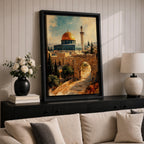 Painterly depiction of the Dome of the Rock in Jerusalem showing the golden dome rising above the historic stone platform, with an arched gate in the foreground, cypress trees, and a slender minaret in the distance, rendered with textured brushstrokes and warm historic tones that evoke the sacred atmosphere of the Old City.