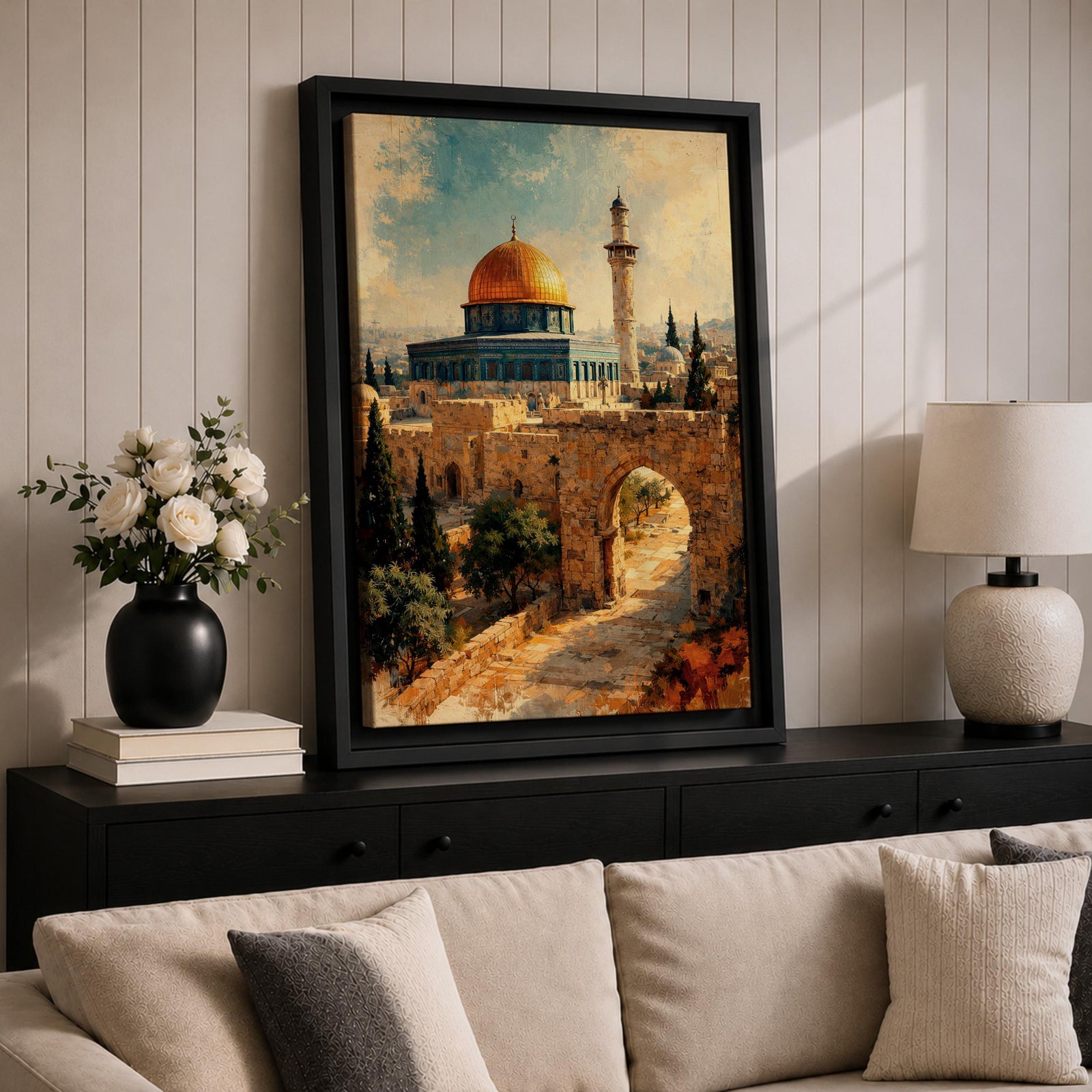 Painterly depiction of the Dome of the Rock in Jerusalem showing the golden dome rising above the historic stone platform, with an arched gate in the foreground, cypress trees, and a slender minaret in the distance, rendered with textured brushstrokes and warm historic tones that evoke the sacred atmosphere of the Old City.