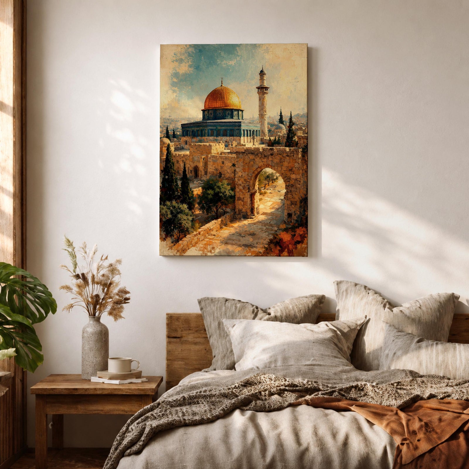 Painterly depiction of the Dome of the Rock in Jerusalem showing the golden dome rising above the historic stone platform, with an arched gate in the foreground, cypress trees, and a slender minaret in the distance, rendered with textured brushstrokes and warm historic tones that evoke the sacred atmosphere of the Old City.