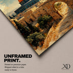 Painterly depiction of the Dome of the Rock in Jerusalem showing the golden dome rising above the historic stone platform, with an arched gate in the foreground, cypress trees, and a slender minaret in the distance, rendered with textured brushstrokes and warm historic tones that evoke the sacred atmosphere of the Old City.