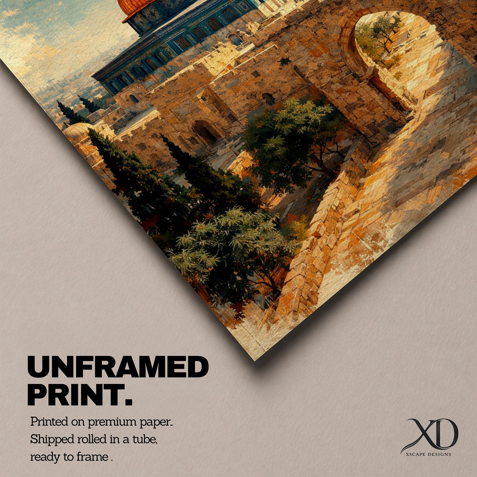 Painterly depiction of the Dome of the Rock in Jerusalem showing the golden dome rising above the historic stone platform, with an arched gate in the foreground, cypress trees, and a slender minaret in the distance, rendered with textured brushstrokes and warm historic tones that evoke the sacred atmosphere of the Old City.