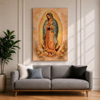 Painting of Our Lady of Guadalupe standing in a prayer pose with hands clasped and head bowed, wearing a flowing rose colored gown and a blue mantle decorated with stars, surrounded by radiant golden rays forming an oval halo, standing on a crescent moon supported by a small angel in traditional Catholic devotional style.