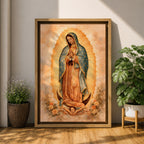 Painting of Our Lady of Guadalupe standing in a prayer pose with hands clasped and head bowed, wearing a flowing rose colored gown and a blue mantle decorated with stars, surrounded by radiant golden rays forming an oval halo, standing on a crescent moon supported by a small angel in traditional Catholic devotional style.