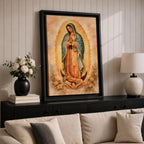 Painting of Our Lady of Guadalupe standing in a prayer pose with hands clasped and head bowed, wearing a flowing rose colored gown and a blue mantle decorated with stars, surrounded by radiant golden rays forming an oval halo, standing on a crescent moon supported by a small angel in traditional Catholic devotional style.