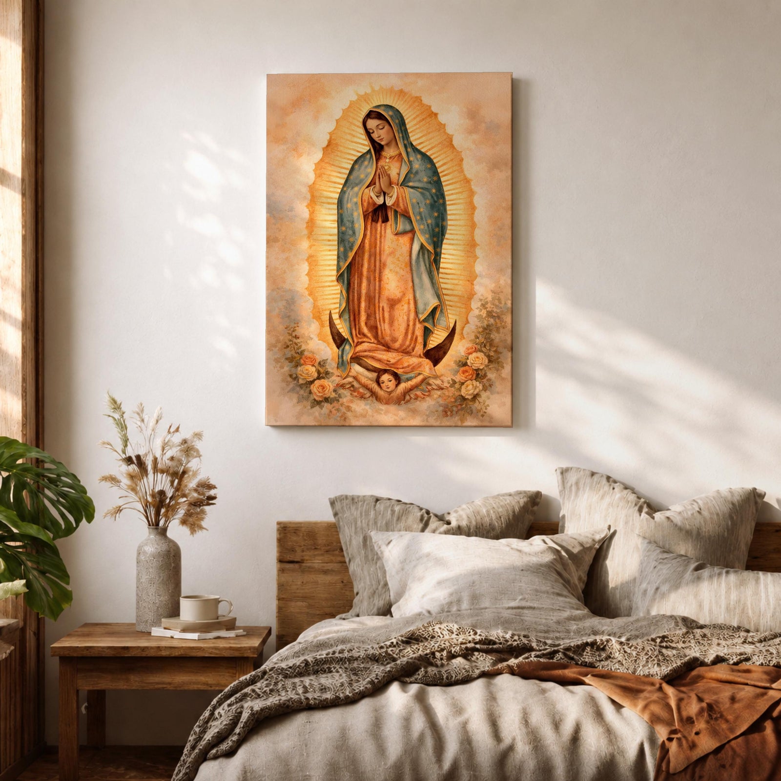 Painting of Our Lady of Guadalupe standing in a prayer pose with hands clasped and head bowed, wearing a flowing rose colored gown and a blue mantle decorated with stars, surrounded by radiant golden rays forming an oval halo, standing on a crescent moon supported by a small angel in traditional Catholic devotional style.