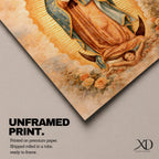 Painting of Our Lady of Guadalupe standing in a prayer pose with hands clasped and head bowed, wearing a flowing rose colored gown and a blue mantle decorated with stars, surrounded by radiant golden rays forming an oval halo, standing on a crescent moon supported by a small angel in traditional Catholic devotional style.