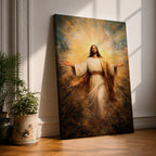 Painting of Jesus Christ standing with open arms extended outward, wearing flowing robes and surrounded by radiant golden light bursting behind him, rendered in a dramatic biblical devotional style with glowing halo like rays and expressive brushwork emphasizing a welcoming and redeeming presence.