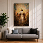 Painting of Jesus Christ standing with open arms extended outward, wearing flowing robes and surrounded by radiant golden light bursting behind him, rendered in a dramatic biblical devotional style with glowing halo like rays and expressive brushwork emphasizing a welcoming and redeeming presence.