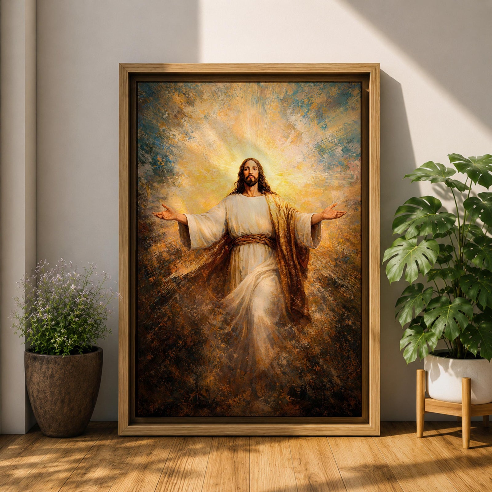 Painting of Jesus Christ standing with open arms extended outward, wearing flowing robes and surrounded by radiant golden light bursting behind him, rendered in a dramatic biblical devotional style with glowing halo like rays and expressive brushwork emphasizing a welcoming and redeeming presence.