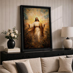 Painting of Jesus Christ standing with open arms extended outward, wearing flowing robes and surrounded by radiant golden light bursting behind him, rendered in a dramatic biblical devotional style with glowing halo like rays and expressive brushwork emphasizing a welcoming and redeeming presence.