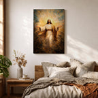 Painting of Jesus Christ standing with open arms extended outward, wearing flowing robes and surrounded by radiant golden light bursting behind him, rendered in a dramatic biblical devotional style with glowing halo like rays and expressive brushwork emphasizing a welcoming and redeeming presence.