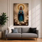 Painting of the Virgin Mary standing in prayer with hands clasped and head bowed, wearing a flowing blue robe and white veil, surrounded by a radiant golden halo and soft glowing light while standing within a field of delicate white wildflowers in a devotional Marian composition.