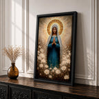 Painting of the Virgin Mary standing in prayer with hands clasped and head bowed, wearing a flowing blue robe and white veil, surrounded by a radiant golden halo and soft glowing light while standing within a field of delicate white wildflowers in a devotional Marian composition.