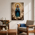 Painting of the Virgin Mary standing in prayer with hands clasped and head bowed, wearing a flowing blue robe and white veil, surrounded by a radiant golden halo and soft glowing light while standing within a field of delicate white wildflowers in a devotional Marian composition.