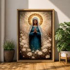 Painting of the Virgin Mary standing in prayer with hands clasped and head bowed, wearing a flowing blue robe and white veil, surrounded by a radiant golden halo and soft glowing light while standing within a field of delicate white wildflowers in a devotional Marian composition.