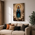 Painting of the Virgin Mary standing in prayer with hands clasped and head bowed, wearing a flowing blue robe and white veil, surrounded by a radiant golden halo and soft glowing light while standing within a field of delicate white wildflowers in a devotional Marian composition.