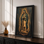 Painting of Our Lady of Guadalupe standing in prayer with hands clasped, wearing a star covered mantle and flowing robe, surrounded by radiant golden rays forming a mandorla halo while standing on a crescent moon, rendered in a traditional Catholic devotional style inspired by the iconic Guadalupe image.