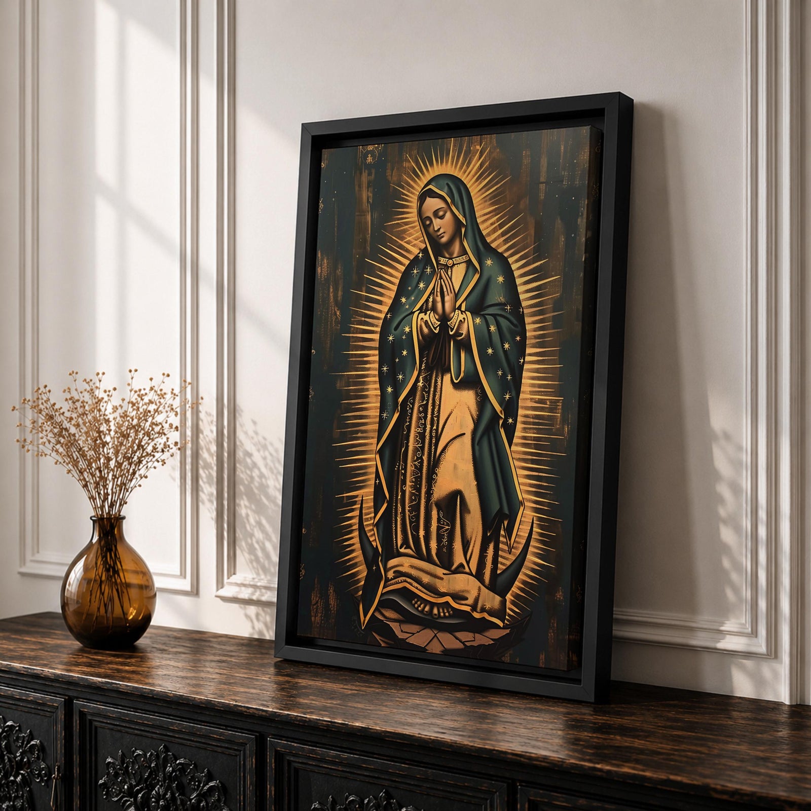 Painting of Our Lady of Guadalupe standing in prayer with hands clasped, wearing a star covered mantle and flowing robe, surrounded by radiant golden rays forming a mandorla halo while standing on a crescent moon, rendered in a traditional Catholic devotional style inspired by the iconic Guadalupe image.