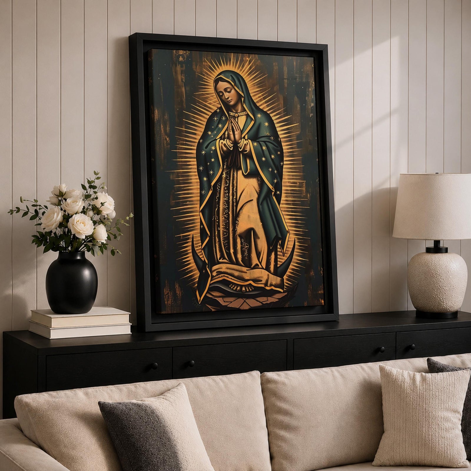 Painting of Our Lady of Guadalupe standing in prayer with hands clasped, wearing a star covered mantle and flowing robe, surrounded by radiant golden rays forming a mandorla halo while standing on a crescent moon, rendered in a traditional Catholic devotional style inspired by the iconic Guadalupe image.
