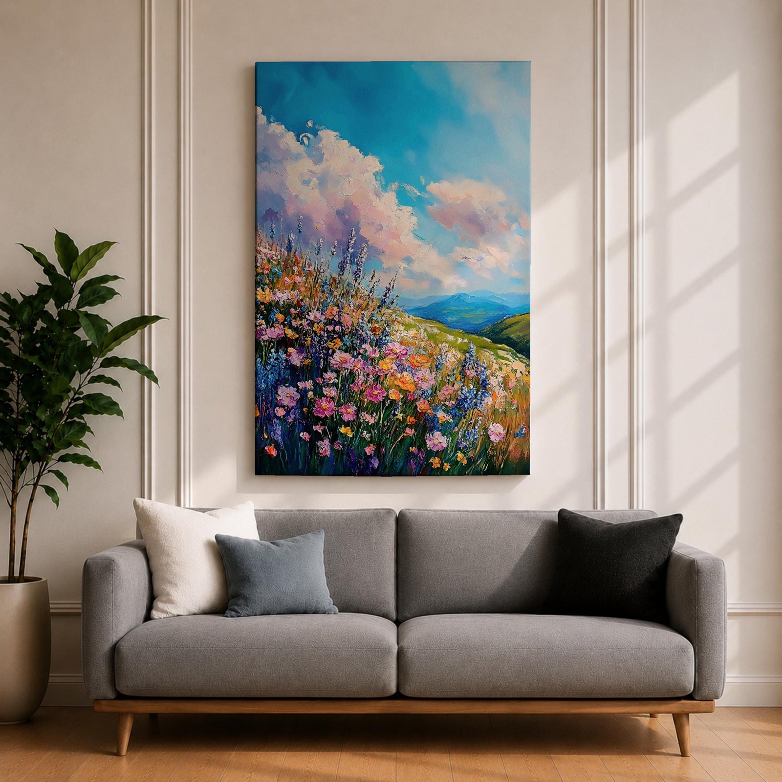 A vibrant impasto painting of a wildflower meadow featuring dense clusters of colorful flowers under a bright blue sky with fluffy clouds. The textured brushstrokes create depth and movement, capturing a lively natural landscape scene with rolling hills in the distance.
