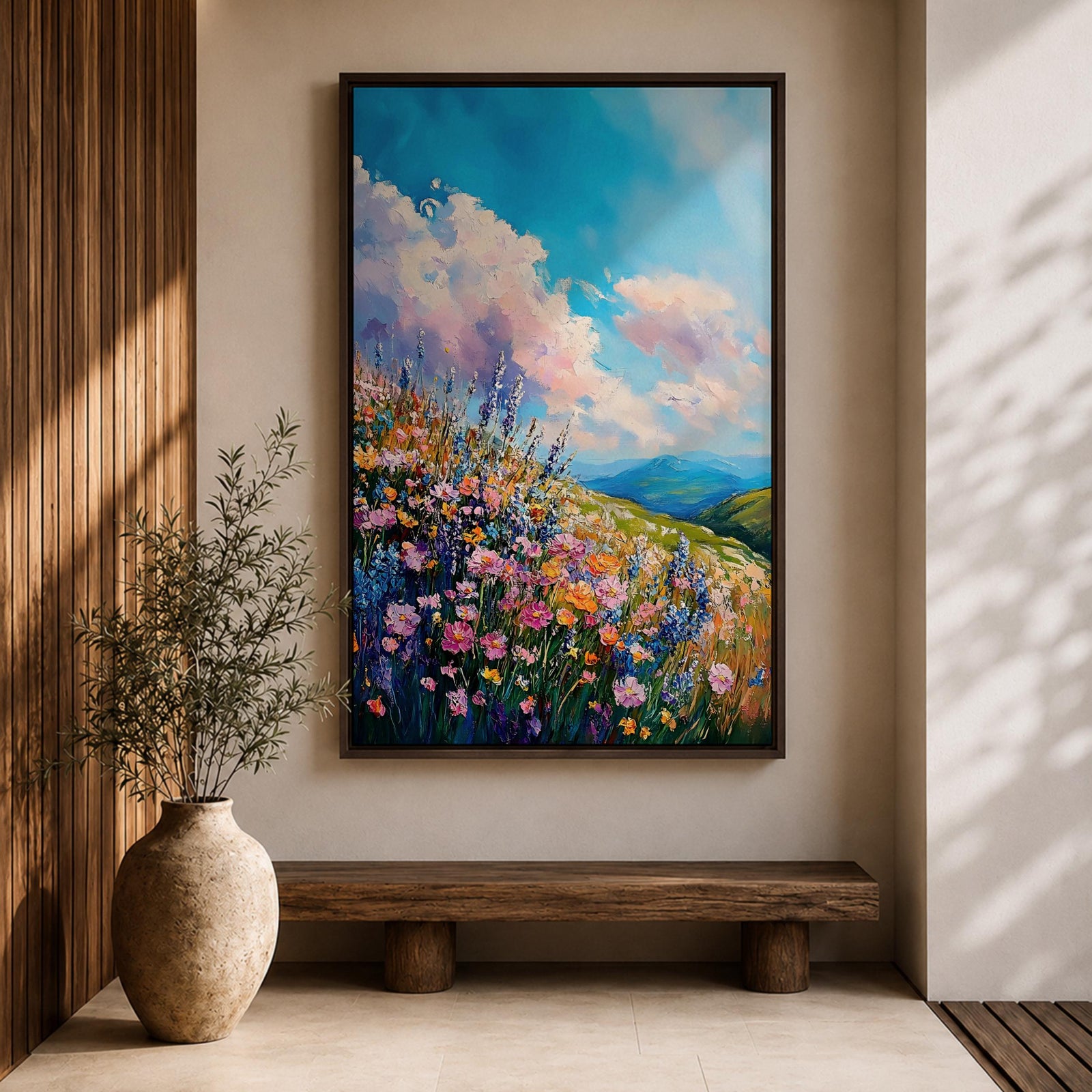 A vibrant impasto painting of a wildflower meadow featuring dense clusters of colorful flowers under a bright blue sky with fluffy clouds. The textured brushstrokes create depth and movement, capturing a lively natural landscape scene with rolling hills in the distance.