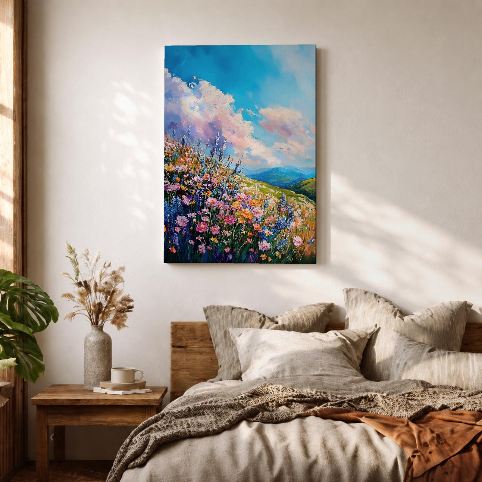 A vibrant impasto painting of a wildflower meadow featuring dense clusters of colorful flowers under a bright blue sky with fluffy clouds. The textured brushstrokes create depth and movement, capturing a lively natural landscape scene with rolling hills in the distance.