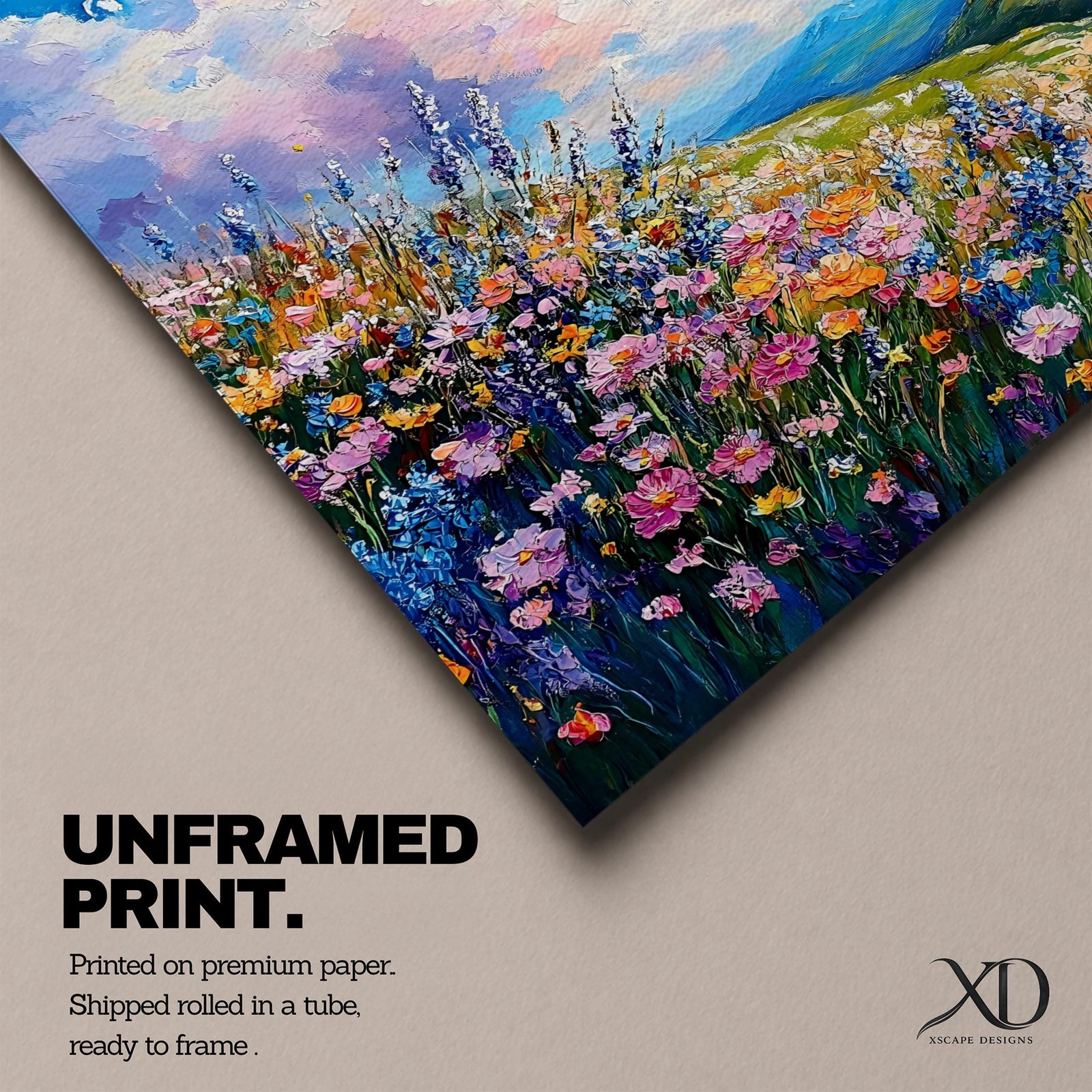 A vibrant impasto painting of a wildflower meadow featuring dense clusters of colorful flowers under a bright blue sky with fluffy clouds. The textured brushstrokes create depth and movement, capturing a lively natural landscape scene with rolling hills in the distance.