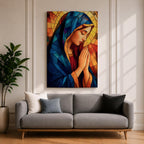 Stained glass style painting of the Virgin Mary shown in profile with head bowed and hands clasped in prayer, wearing a blue mantle and red garment, surrounded by geometric stained glass panels forming a radiant halo like background in a devotional Catholic Marian composition.