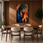 Stained glass style painting of the Virgin Mary shown in profile with head bowed and hands clasped in prayer, wearing a blue mantle and red garment, surrounded by geometric stained glass panels forming a radiant halo like background in a devotional Catholic Marian composition.