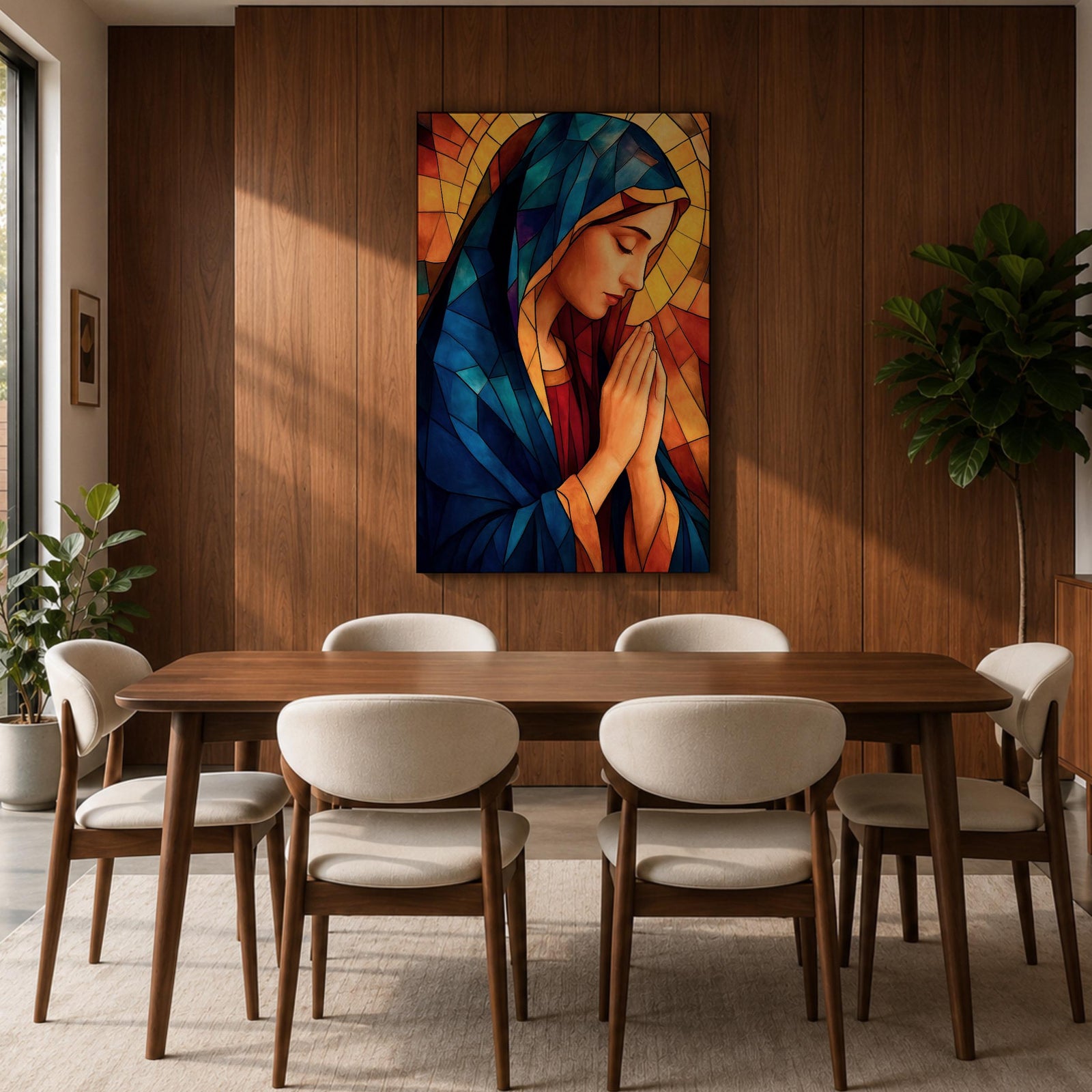 Stained glass style painting of the Virgin Mary shown in profile with head bowed and hands clasped in prayer, wearing a blue mantle and red garment, surrounded by geometric stained glass panels forming a radiant halo like background in a devotional Catholic Marian composition.