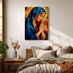 Stained glass style painting of the Virgin Mary shown in profile with head bowed and hands clasped in prayer, wearing a blue mantle and red garment, surrounded by geometric stained glass panels forming a radiant halo like background in a devotional Catholic Marian composition.