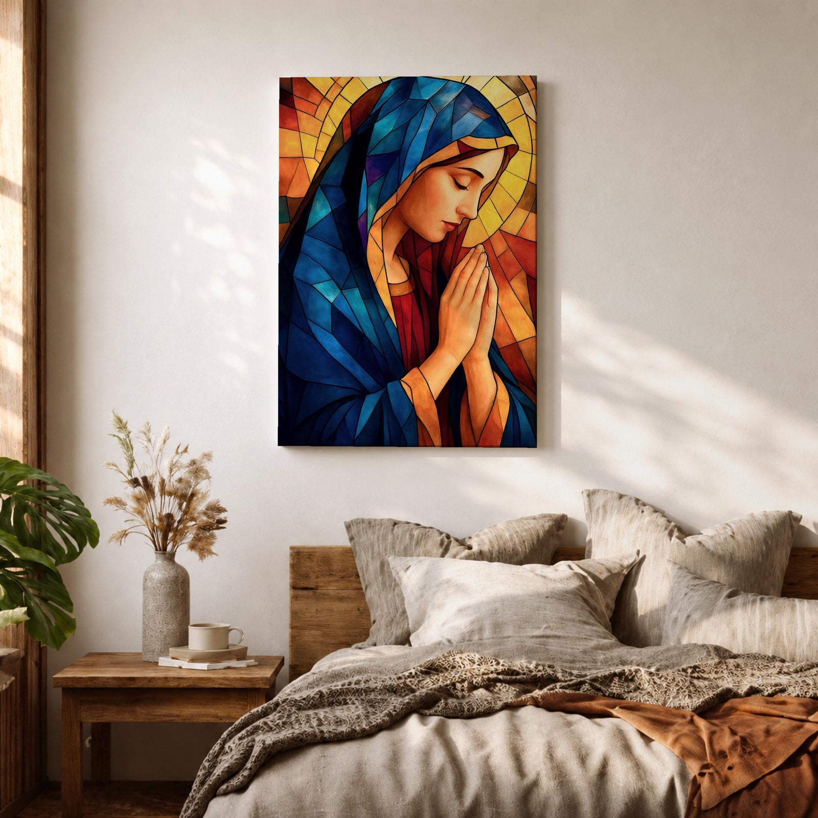 Stained glass style painting of the Virgin Mary shown in profile with head bowed and hands clasped in prayer, wearing a blue mantle and red garment, surrounded by geometric stained glass panels forming a radiant halo like background in a devotional Catholic Marian composition.