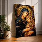 Byzantine style mosaic painting of the Virgin Mary holding the child Jesus, both with heads gently inclined and halos behind them, the child shown with hands clasped in prayer while Mary supports him, rendered with golden mosaic tiles and rich dark blue garments in a traditional Christian icon composition.