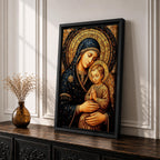 Byzantine style mosaic painting of the Virgin Mary holding the child Jesus, both with heads gently inclined and halos behind them, the child shown with hands clasped in prayer while Mary supports him, rendered with golden mosaic tiles and rich dark blue garments in a traditional Christian icon composition.