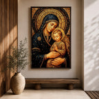 Byzantine style mosaic painting of the Virgin Mary holding the child Jesus, both with heads gently inclined and halos behind them, the child shown with hands clasped in prayer while Mary supports him, rendered with golden mosaic tiles and rich dark blue garments in a traditional Christian icon composition.
