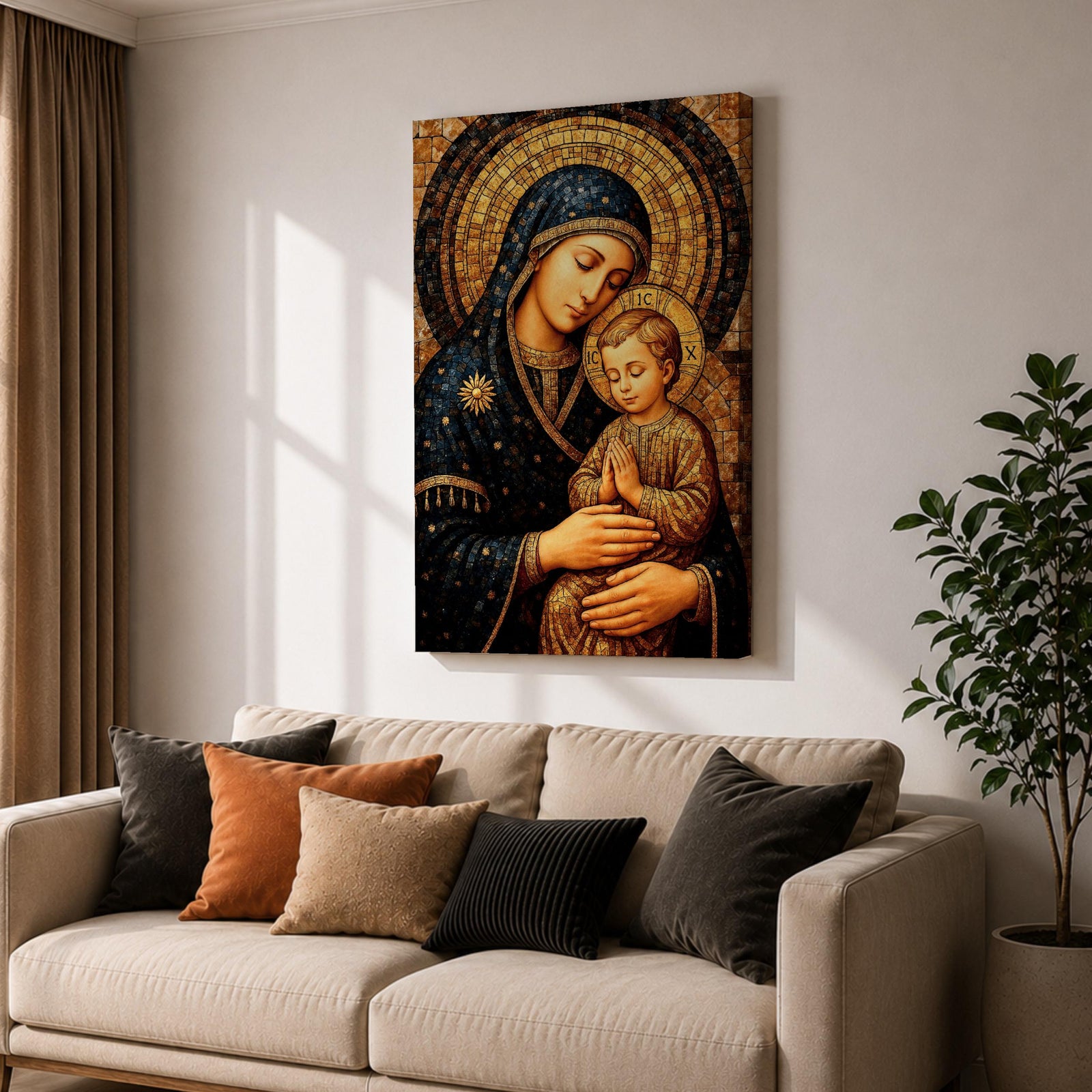 Byzantine style mosaic painting of the Virgin Mary holding the child Jesus, both with heads gently inclined and halos behind them, the child shown with hands clasped in prayer while Mary supports him, rendered with golden mosaic tiles and rich dark blue garments in a traditional Christian icon composition.